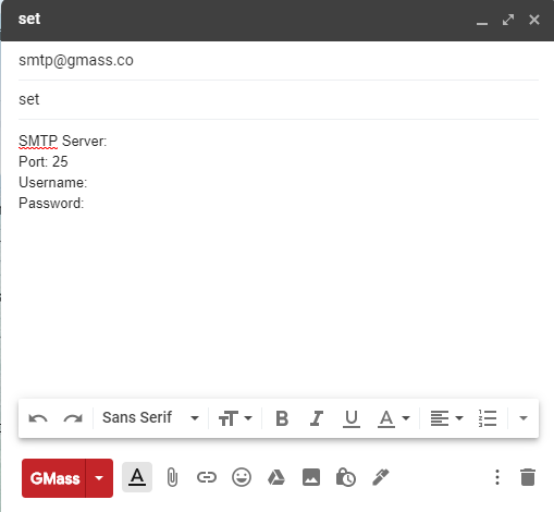 GMass interface showing SMTP setup form