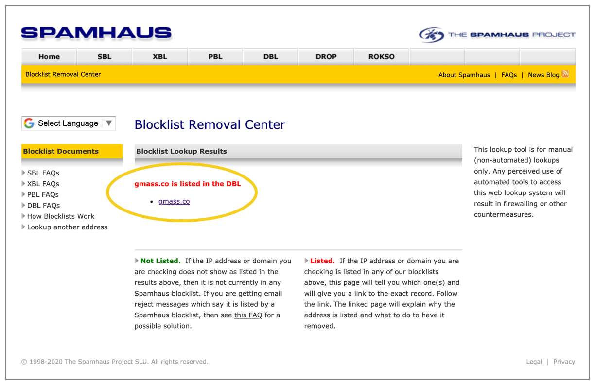 Listed by Spamhaus