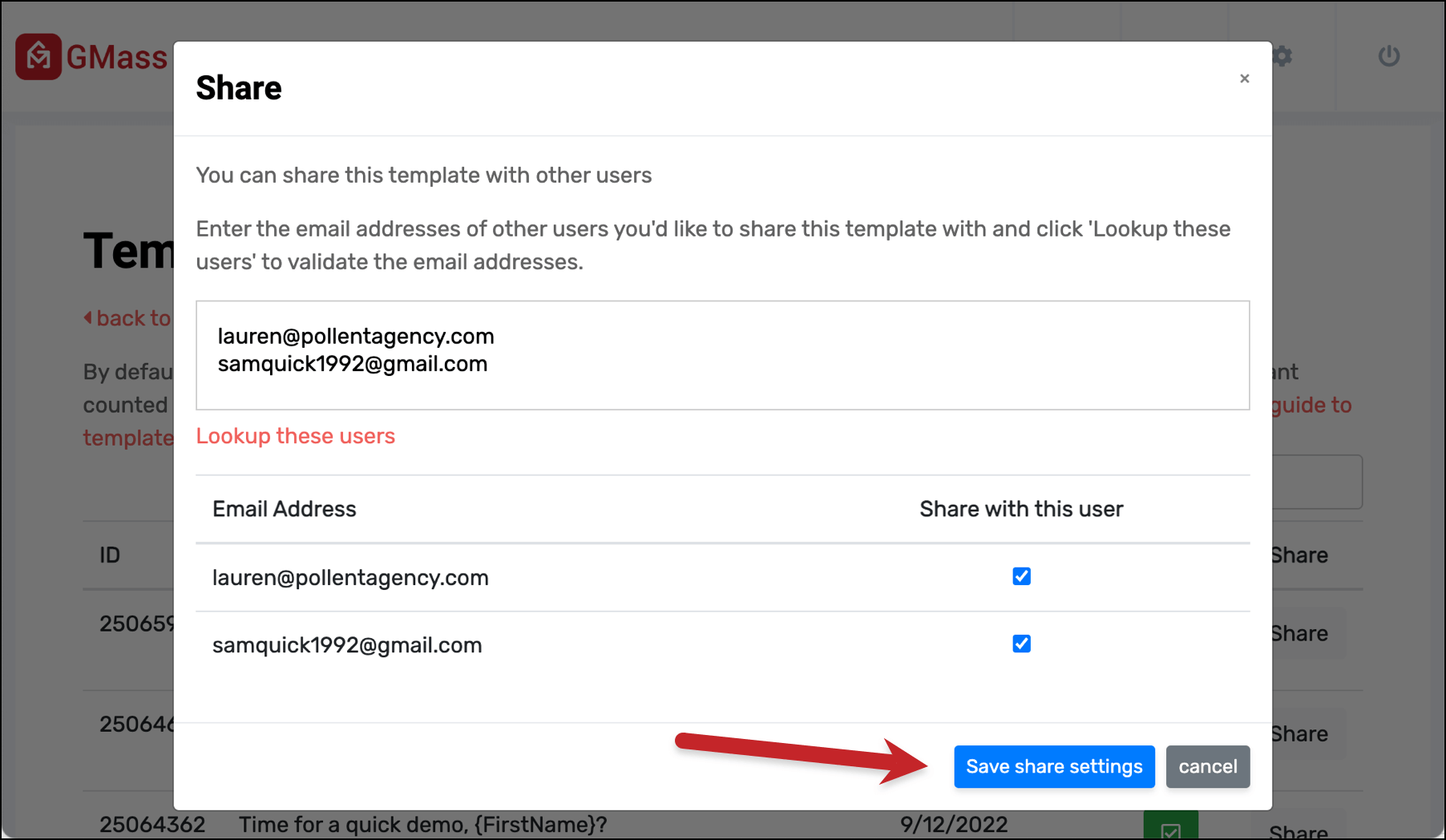 Save your template sharing settings
