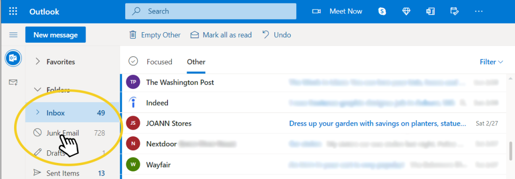 click on junk folder in Outlook