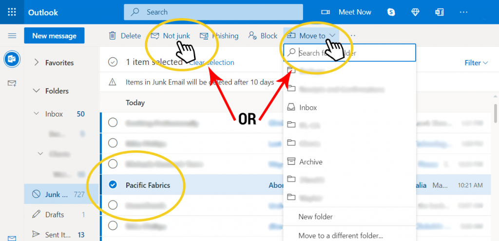 mark email as not junk in Outlook