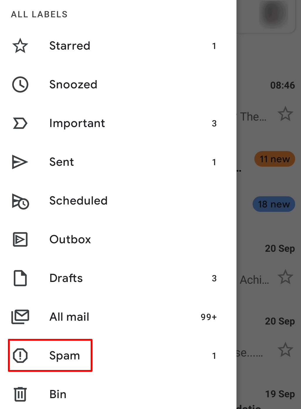 the spam folder in the gmail app for android and ios devices