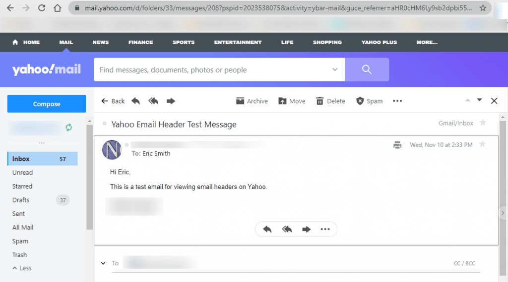 Yahoo email header