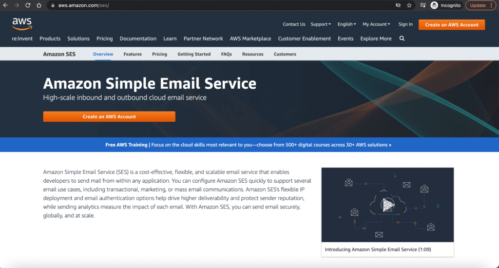 Amazon SES home page
