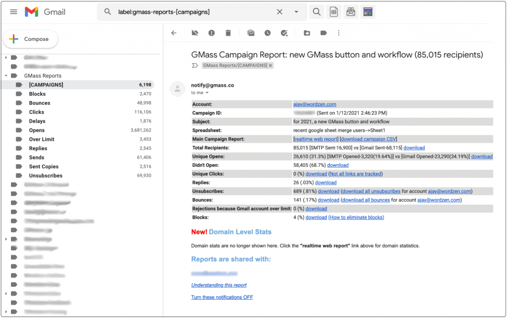 GMass campaign reports inside Gmail
