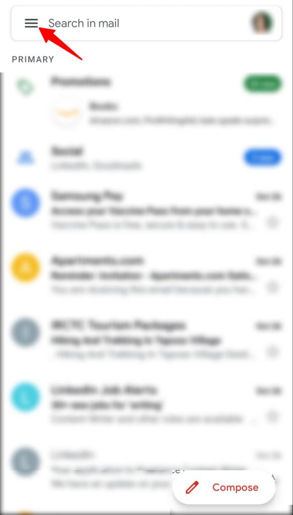 Menu button in Gmail mobile app