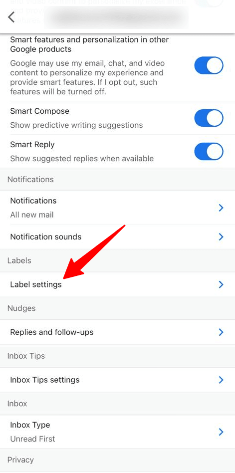 Label settings in the Gmail iOS app
