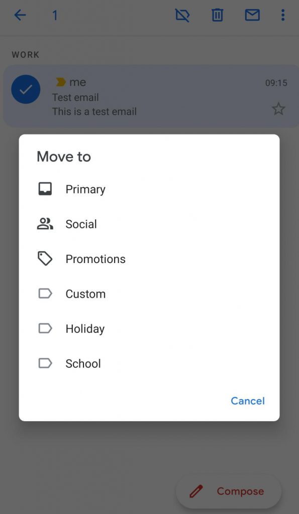 Select folder to which you will move the email