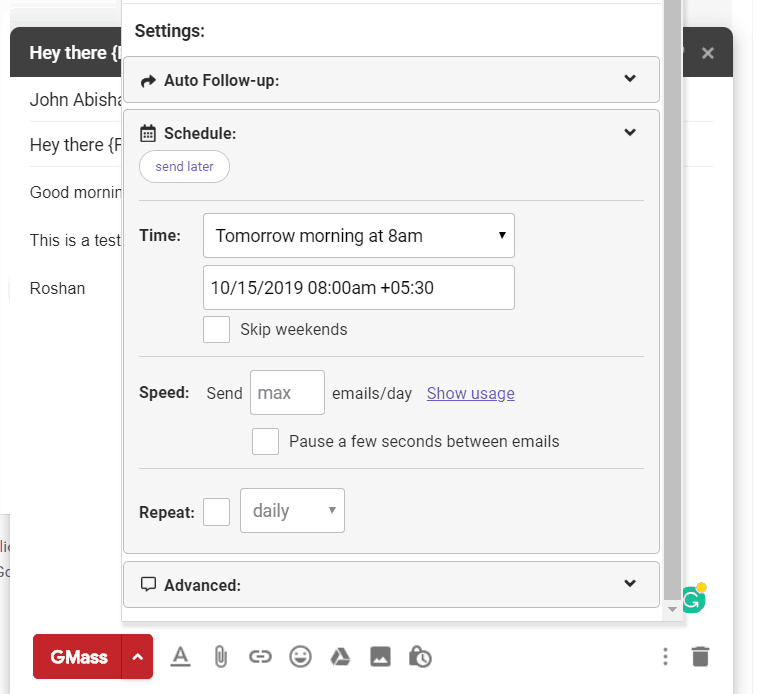 GMass schedule settings window inside Gmail
