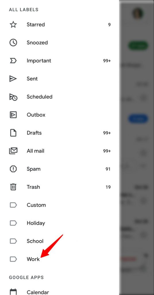 Selecting Work label in the Gmail mobiel app