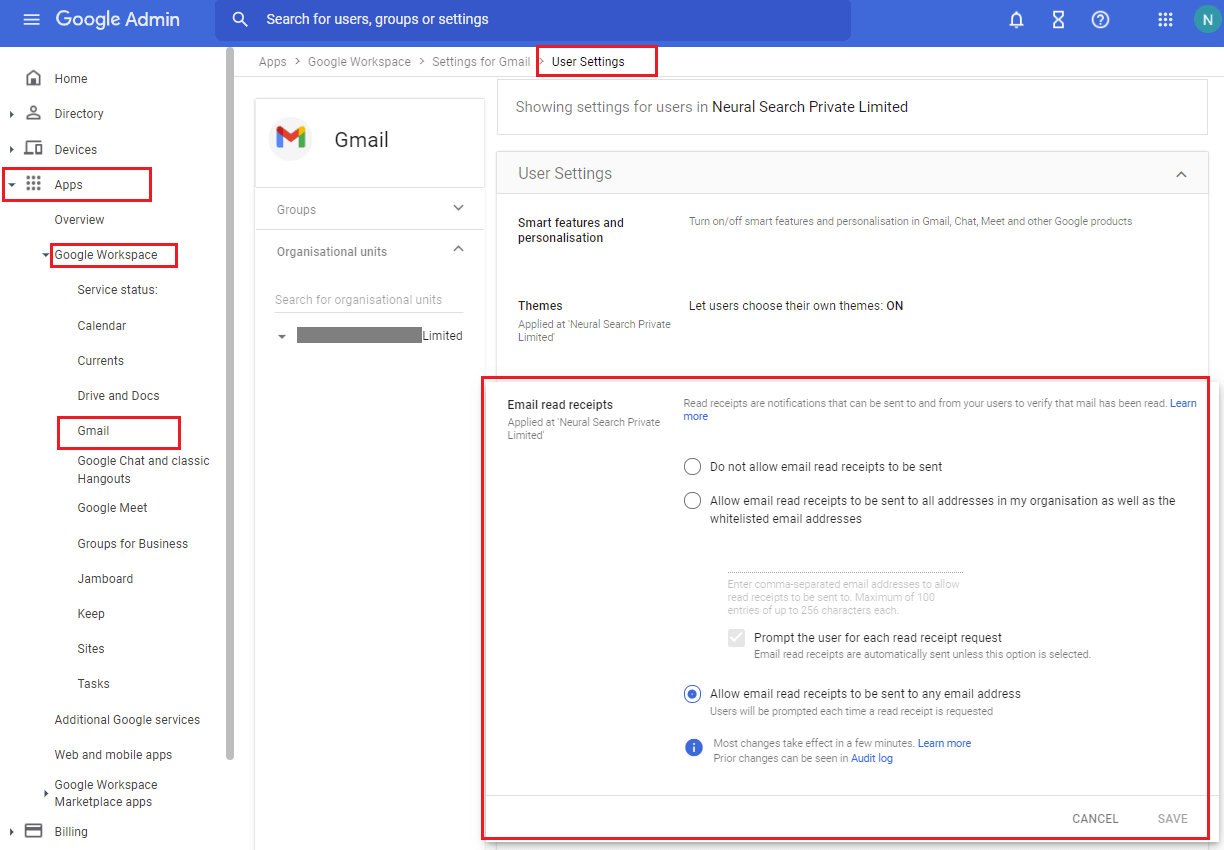 enable read receipts Google Workspace Admin