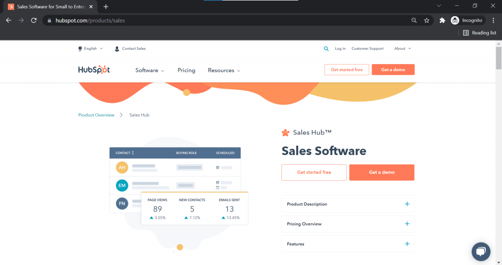 HubSpot Sales Hub home page