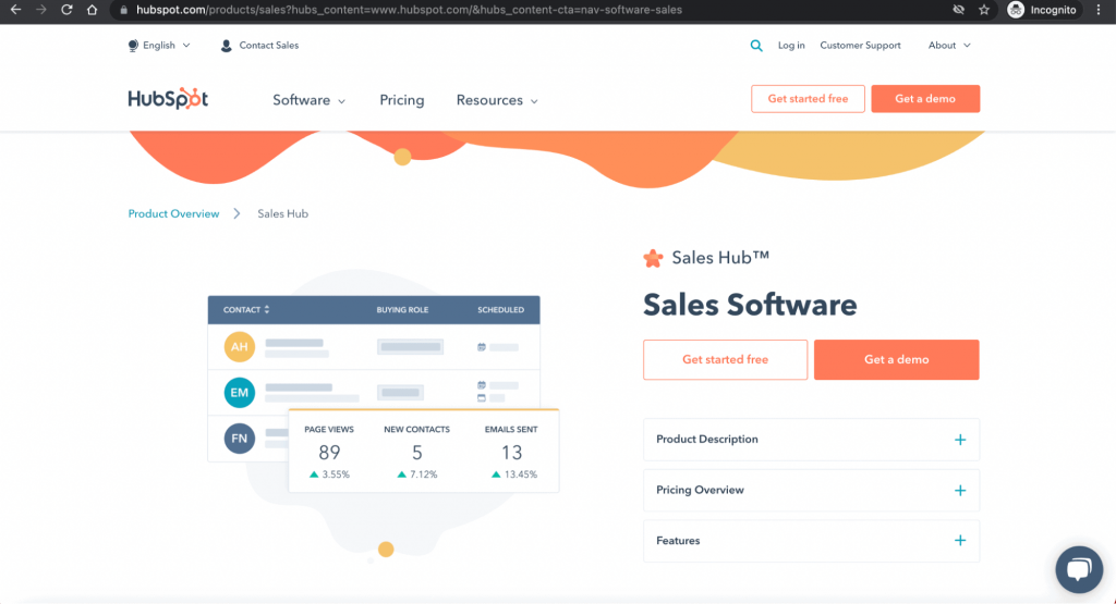 HubSpot Sales Hub home page