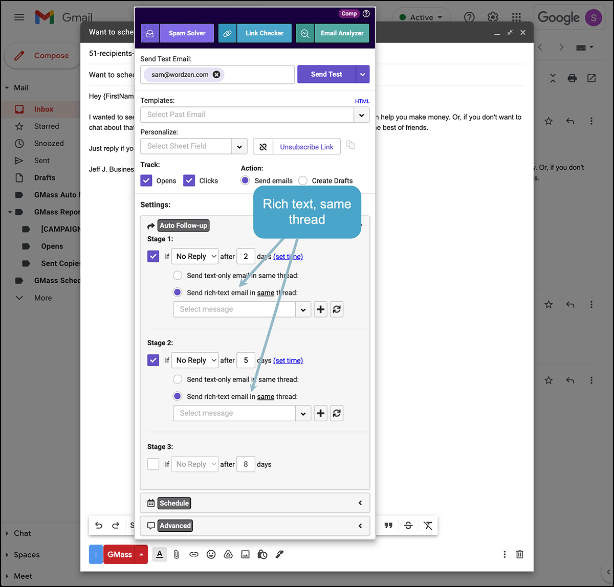 Setting up rich text emails in the same thread.