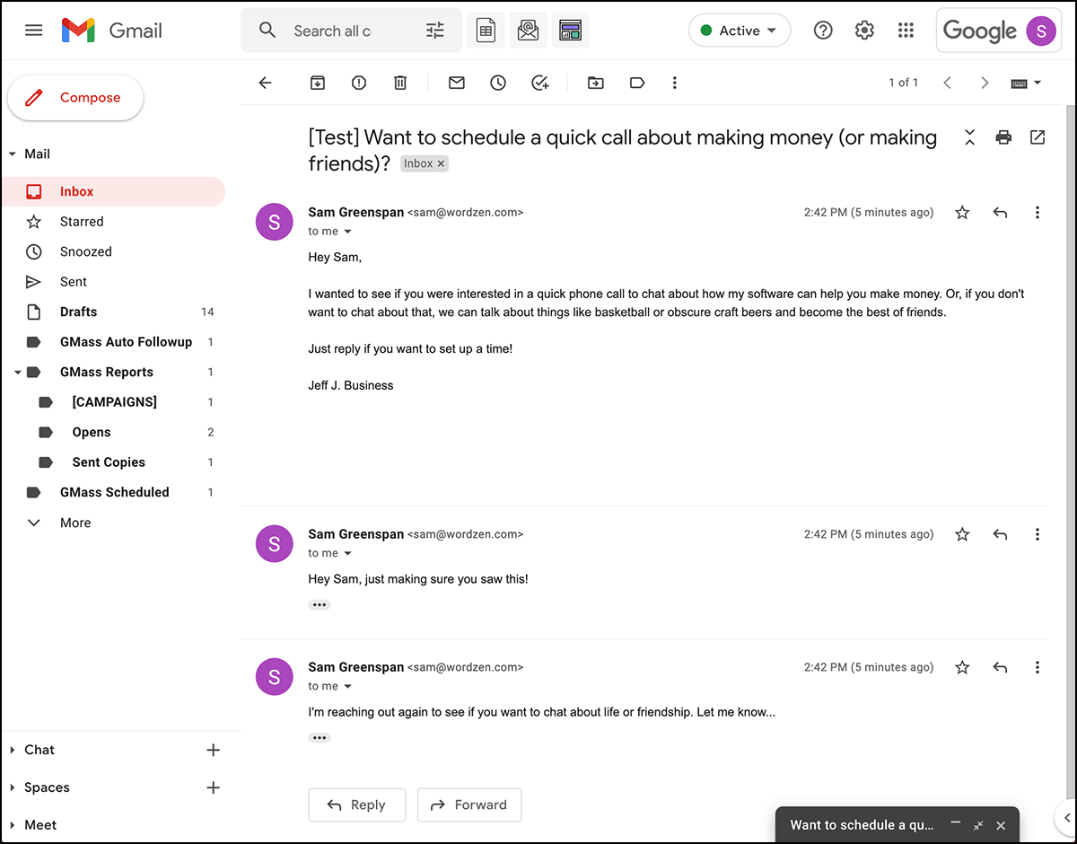 A text-only email series all in a single thread.