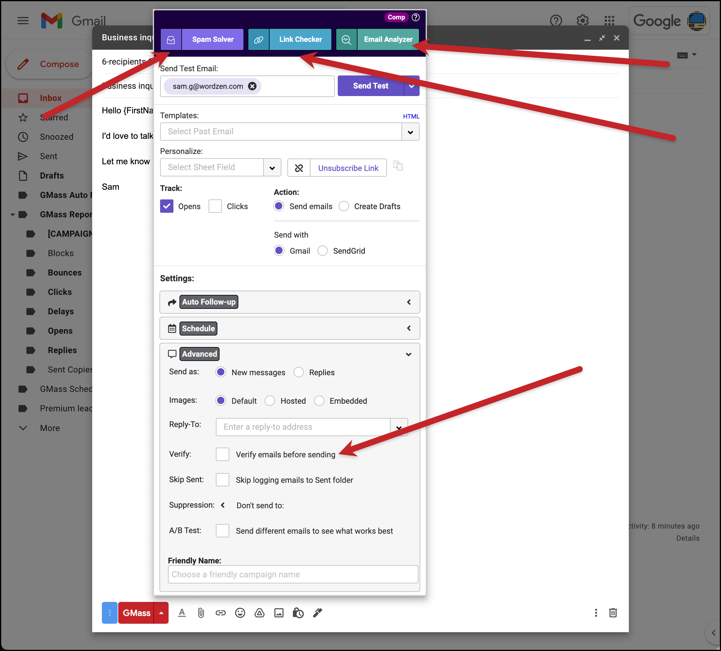 GMass's testing options in the settings box