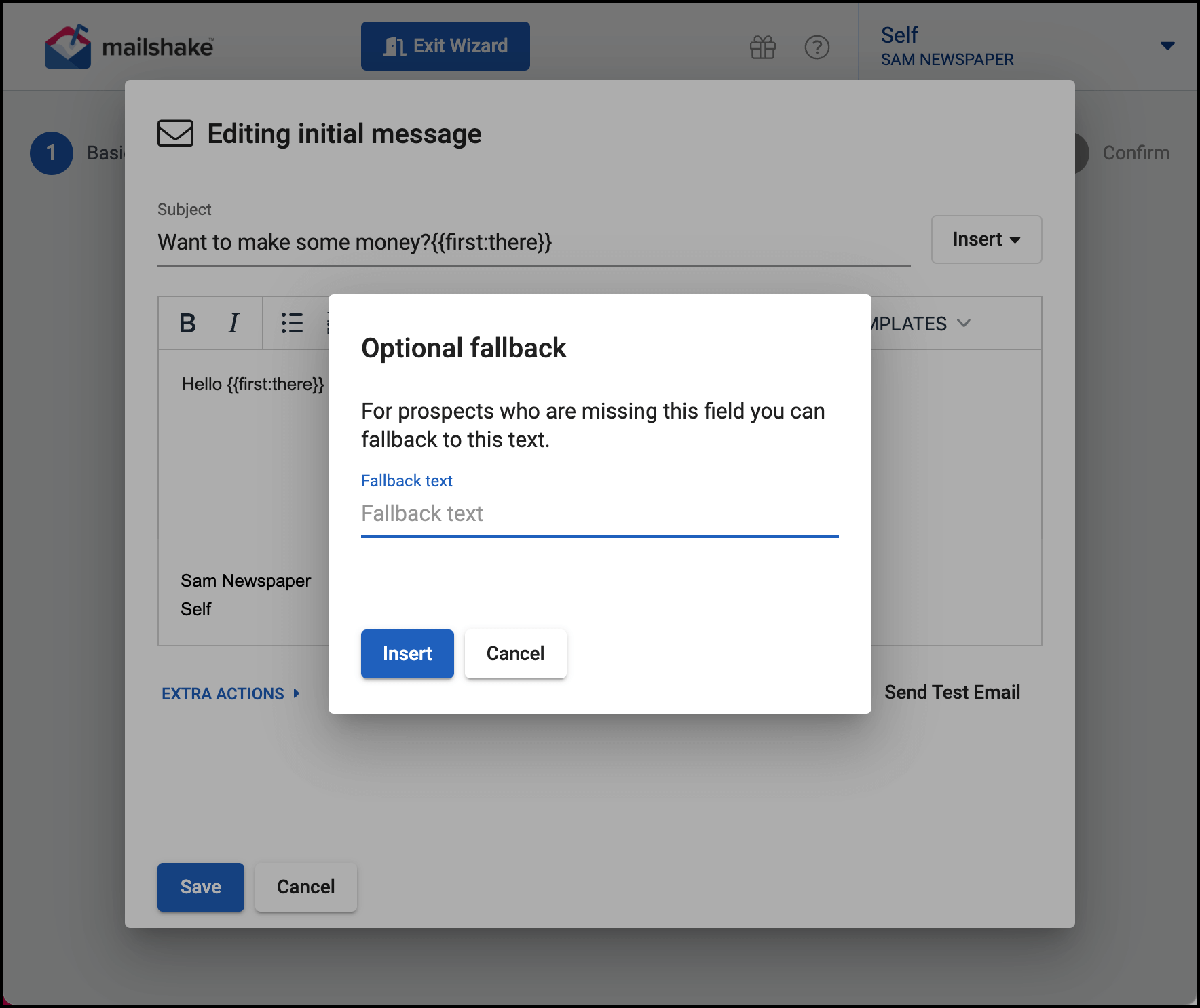 A popup asks for a fallback value.