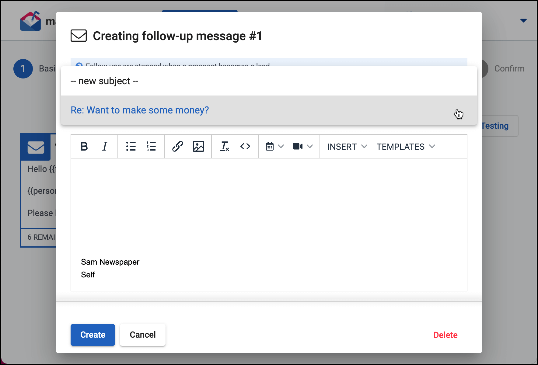 Mailshake's follow-up compose window