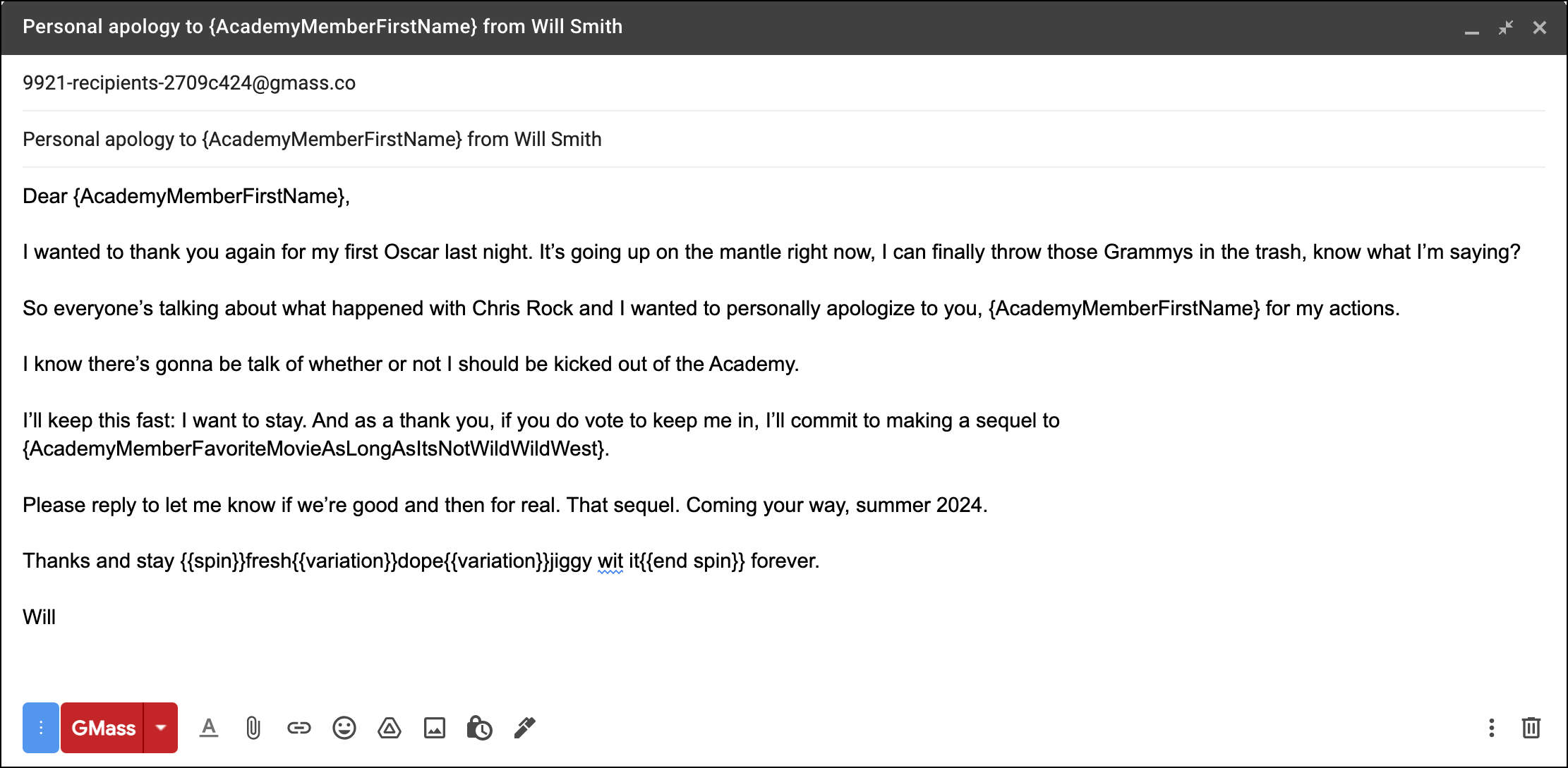 Will Smith's first email to the Academy