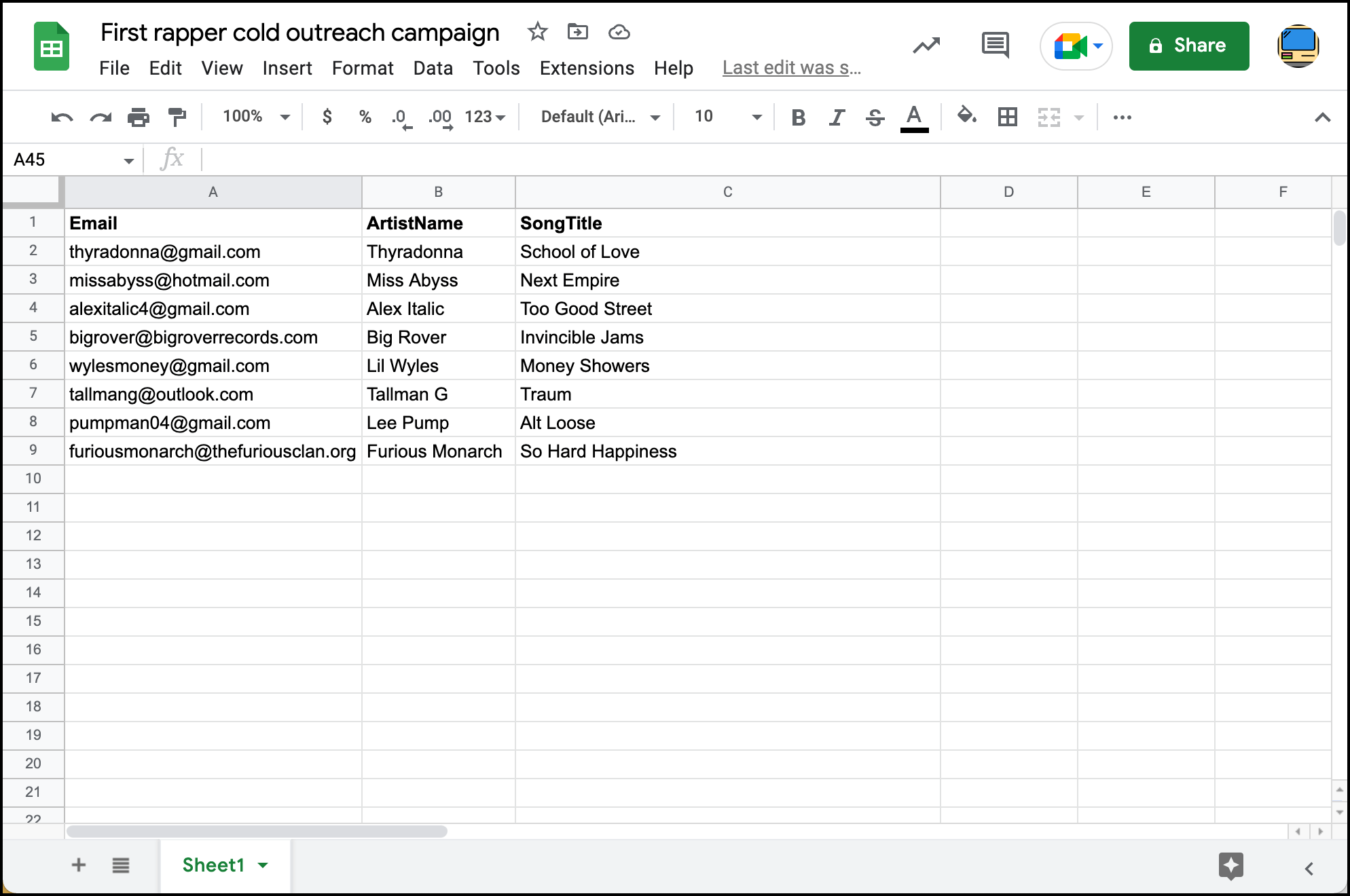 Cold email outreach spreadsheet