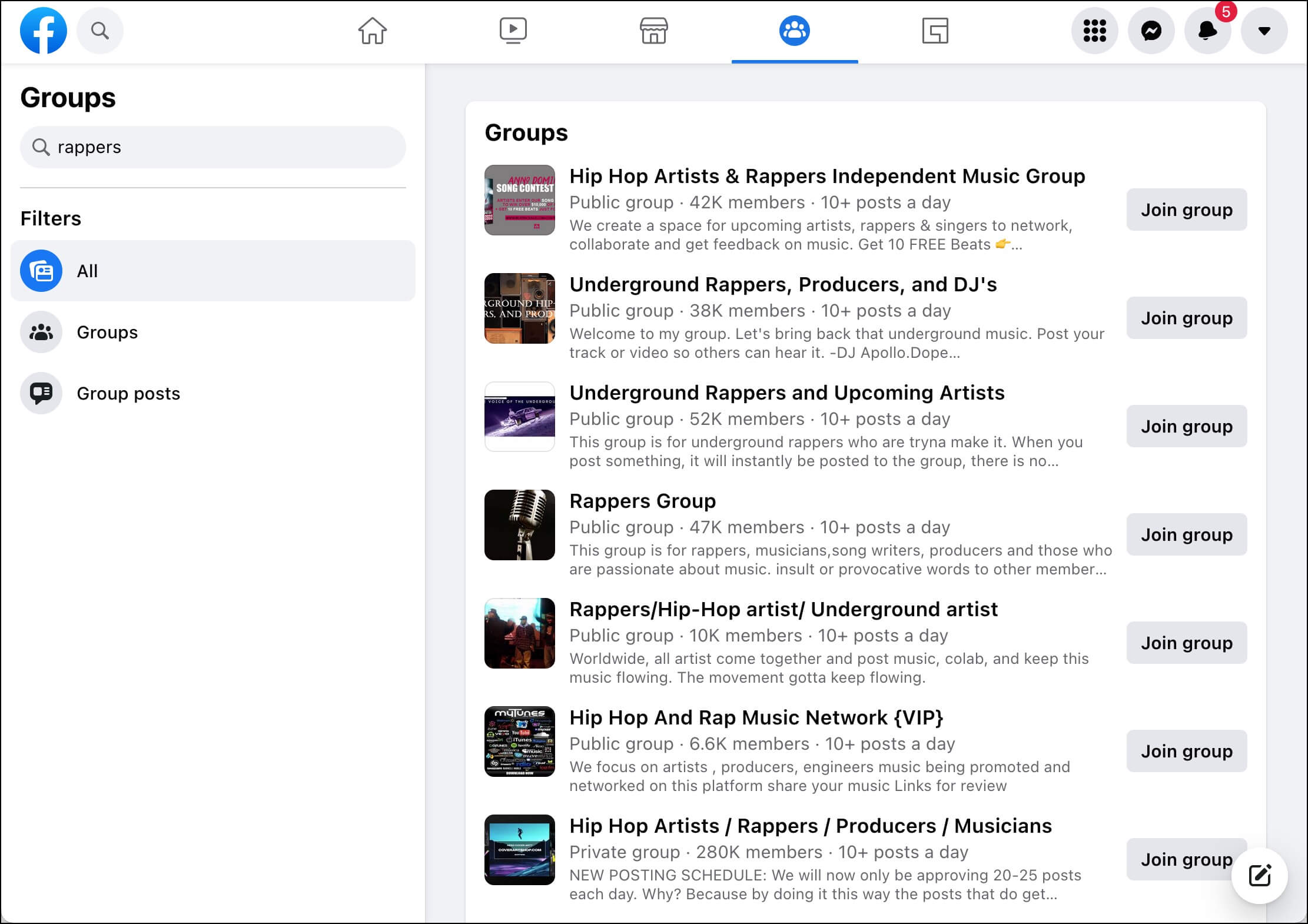 Find rappers in Facebook groups