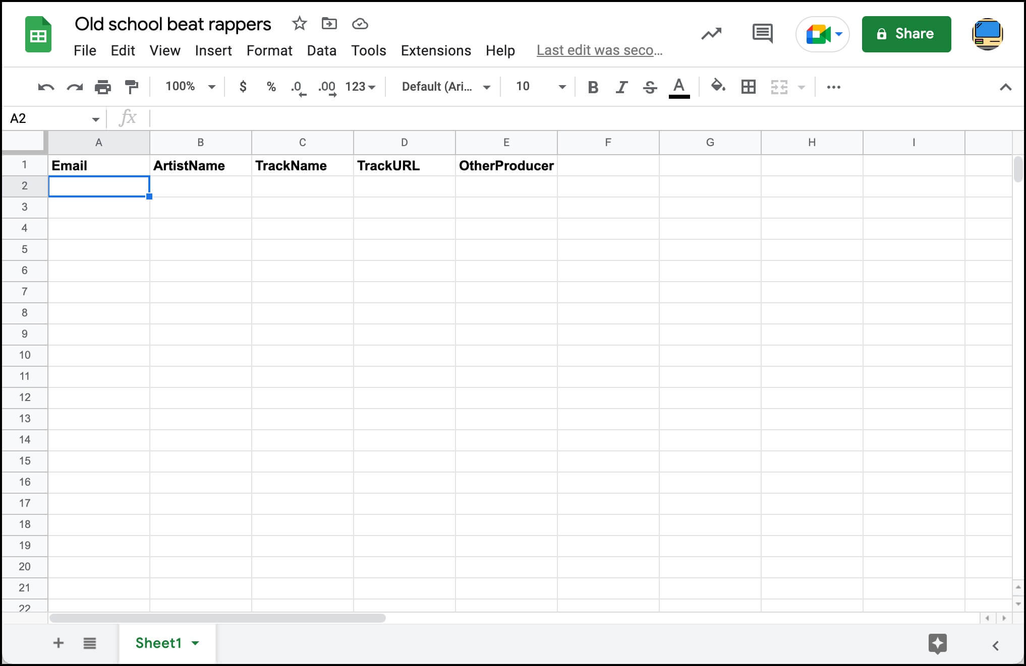 Create a Google Sheet for the rappers you will cold email