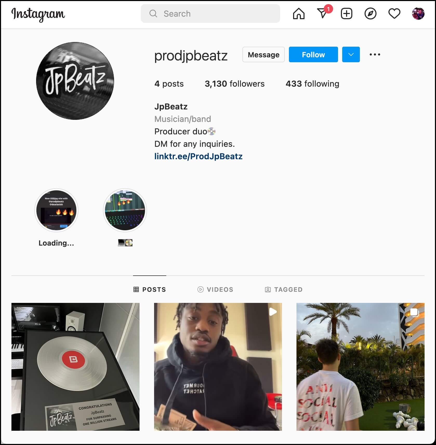 Instagram profile for beat maker