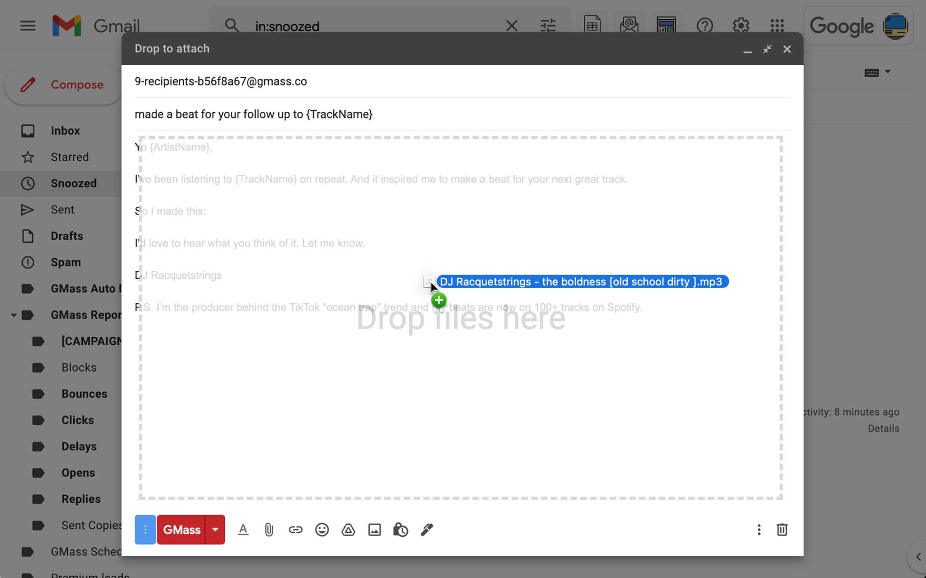 Drag your mp3 to the Gmail compose window