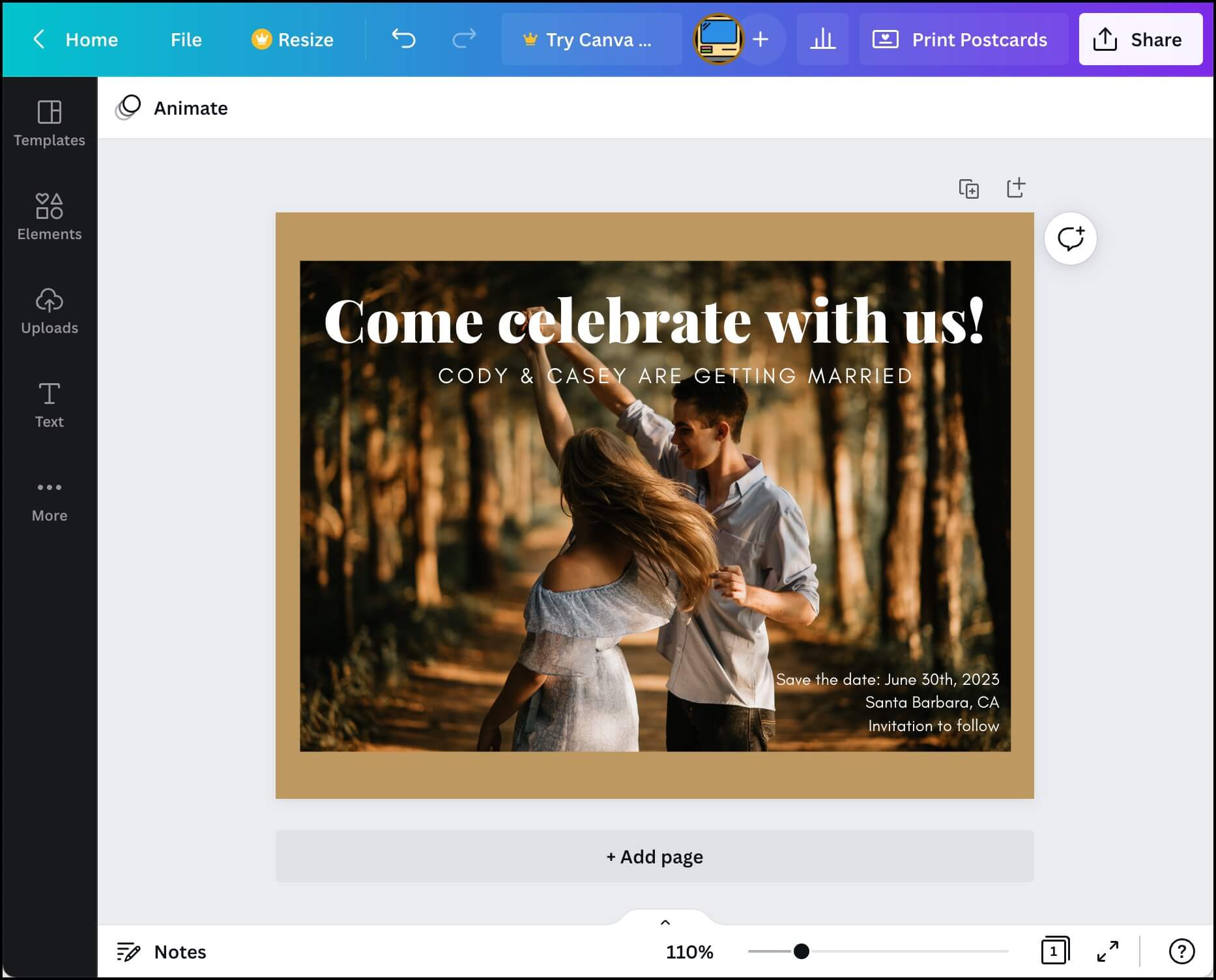 Designing a save the date email in Canva