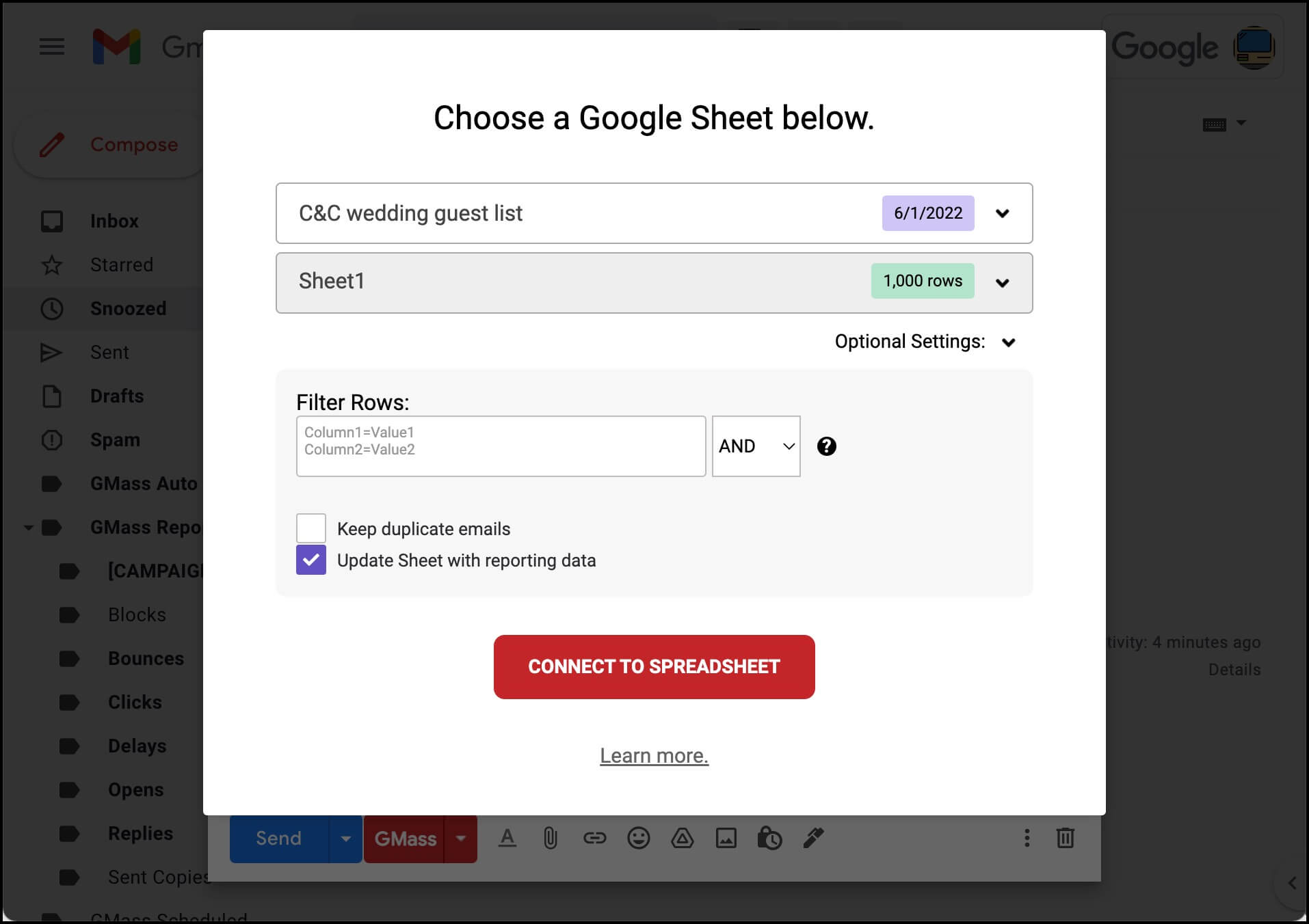 Settings for connecting your Google Sheet
