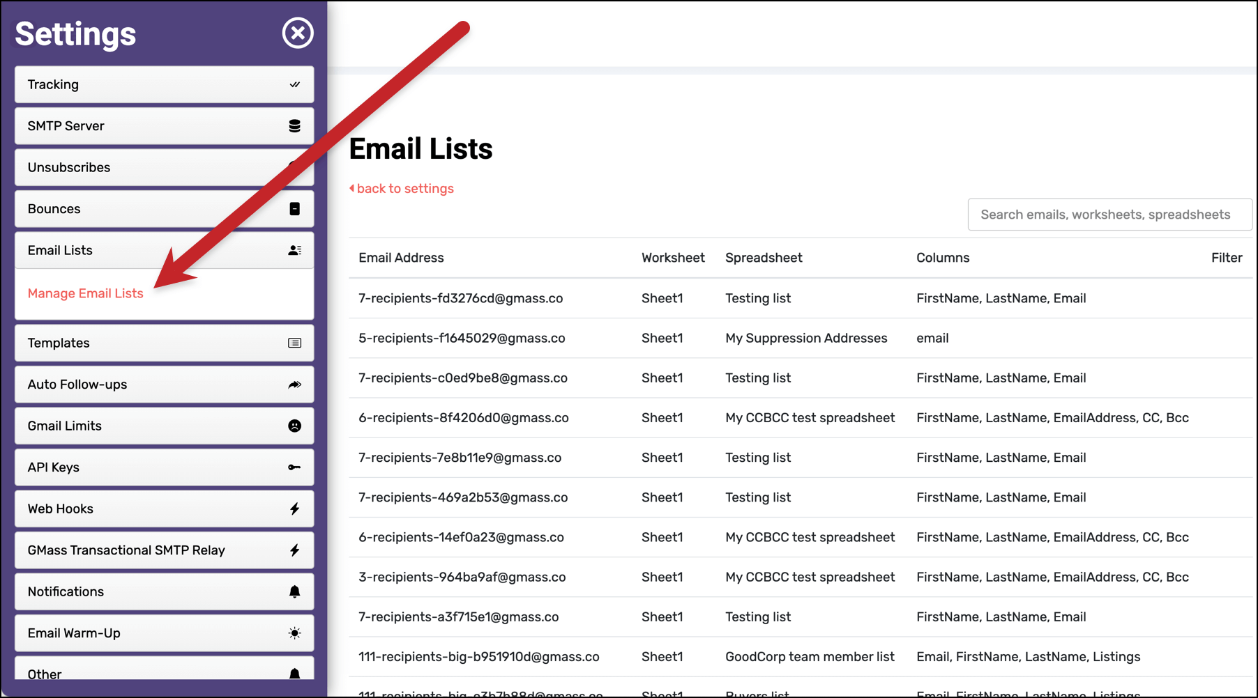 Manage email lists in the GMass dashboard