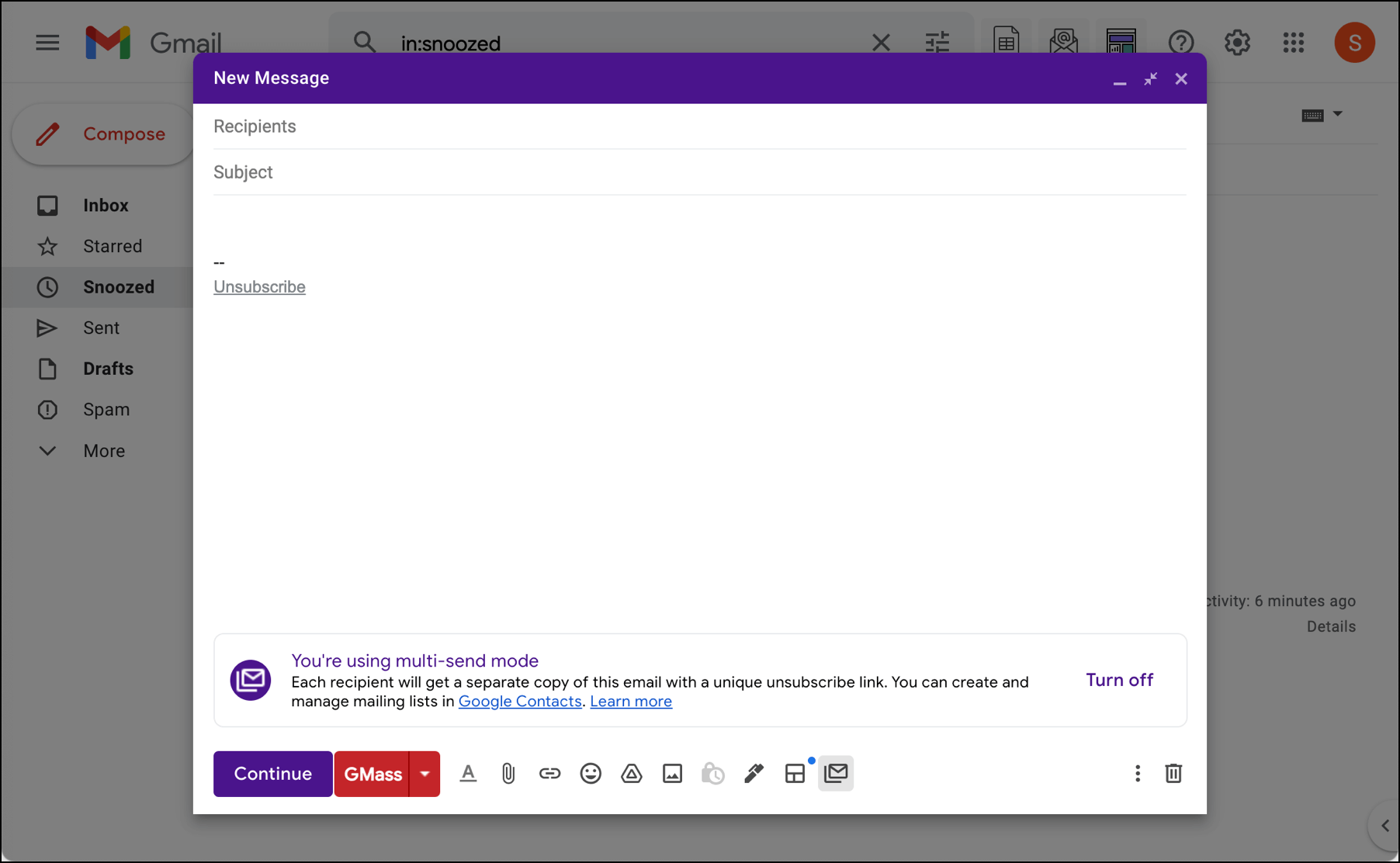 The purple interface of a Gmail multi send compose window
