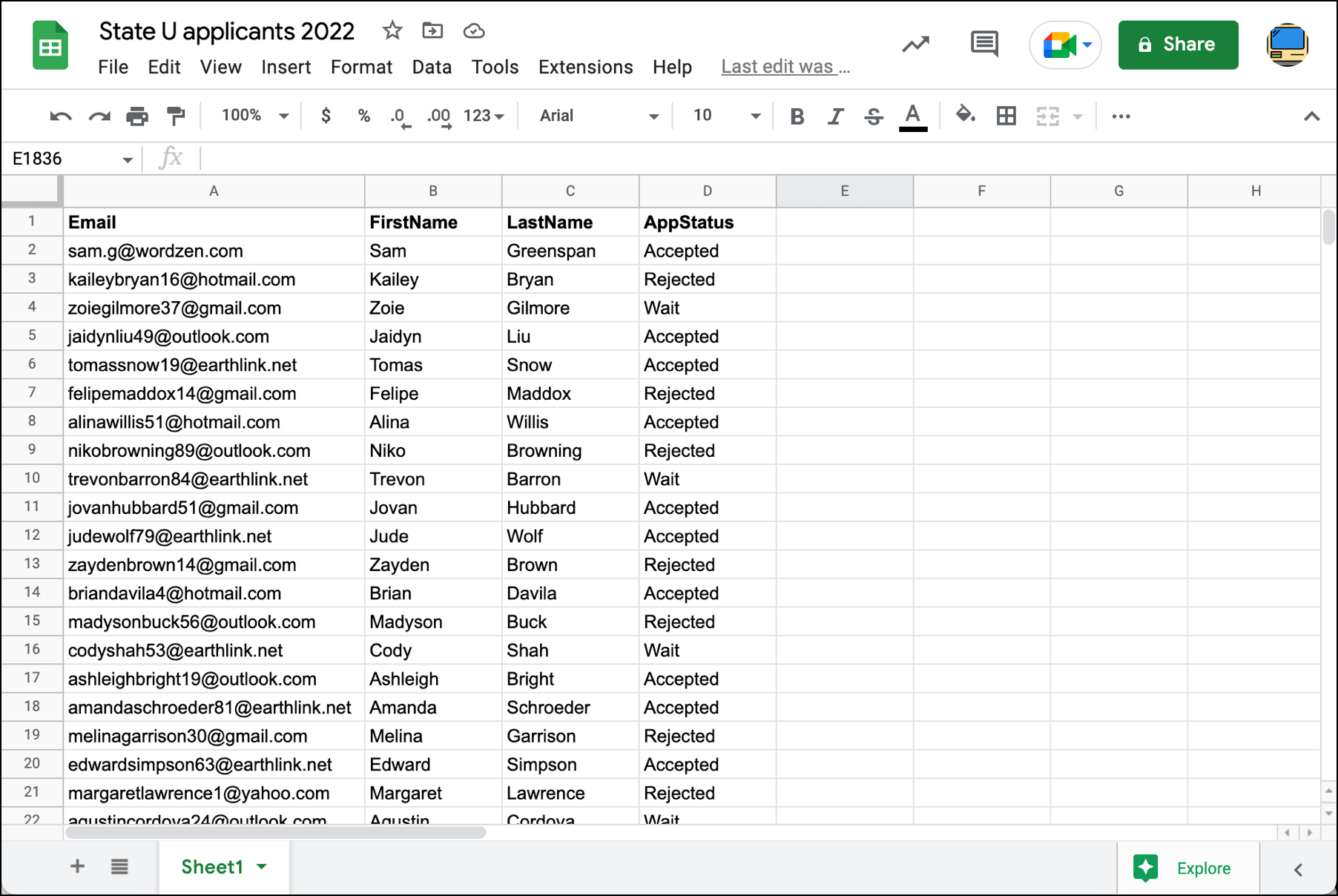 Applicant spreadsheet setup