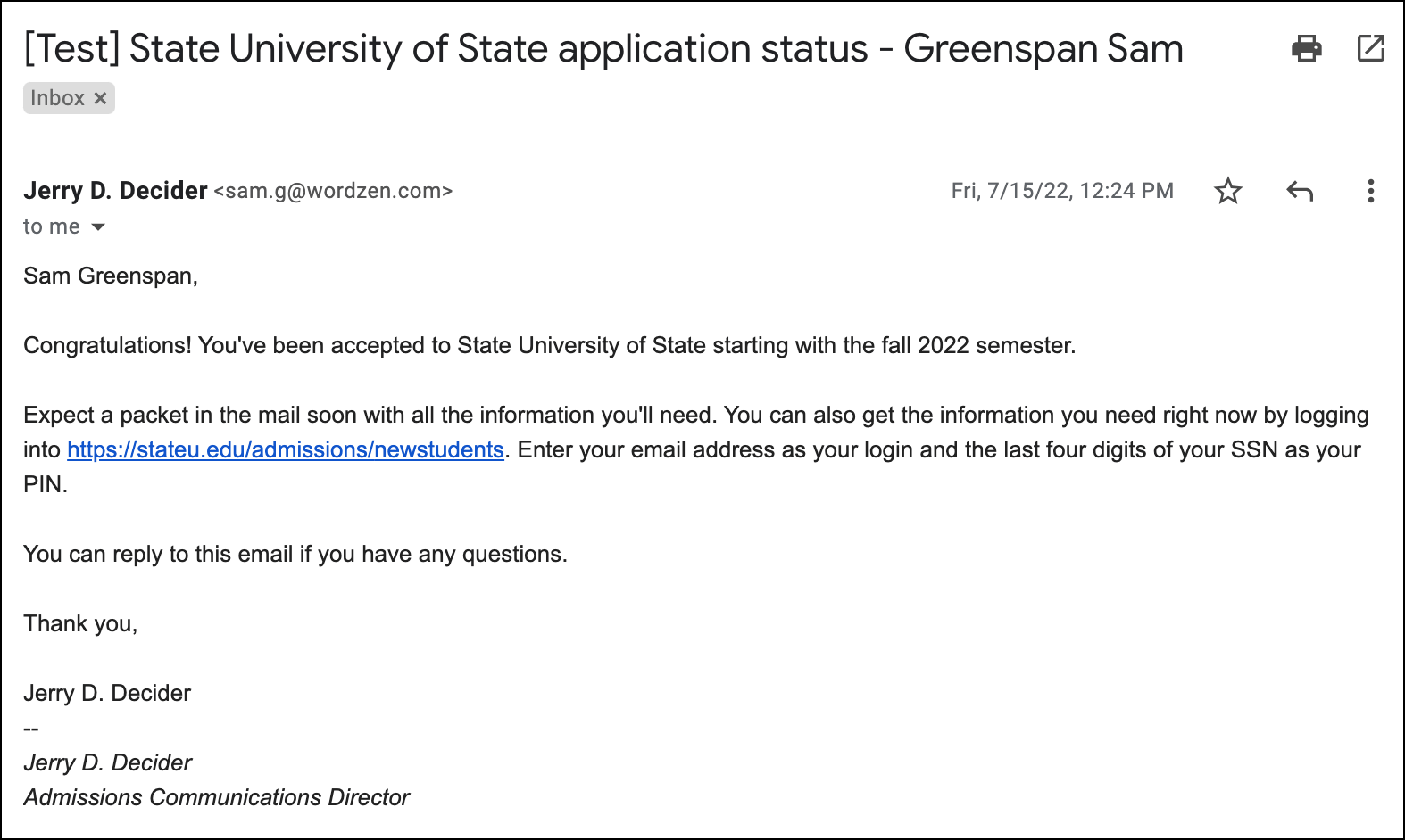 Testing the acceptance email
