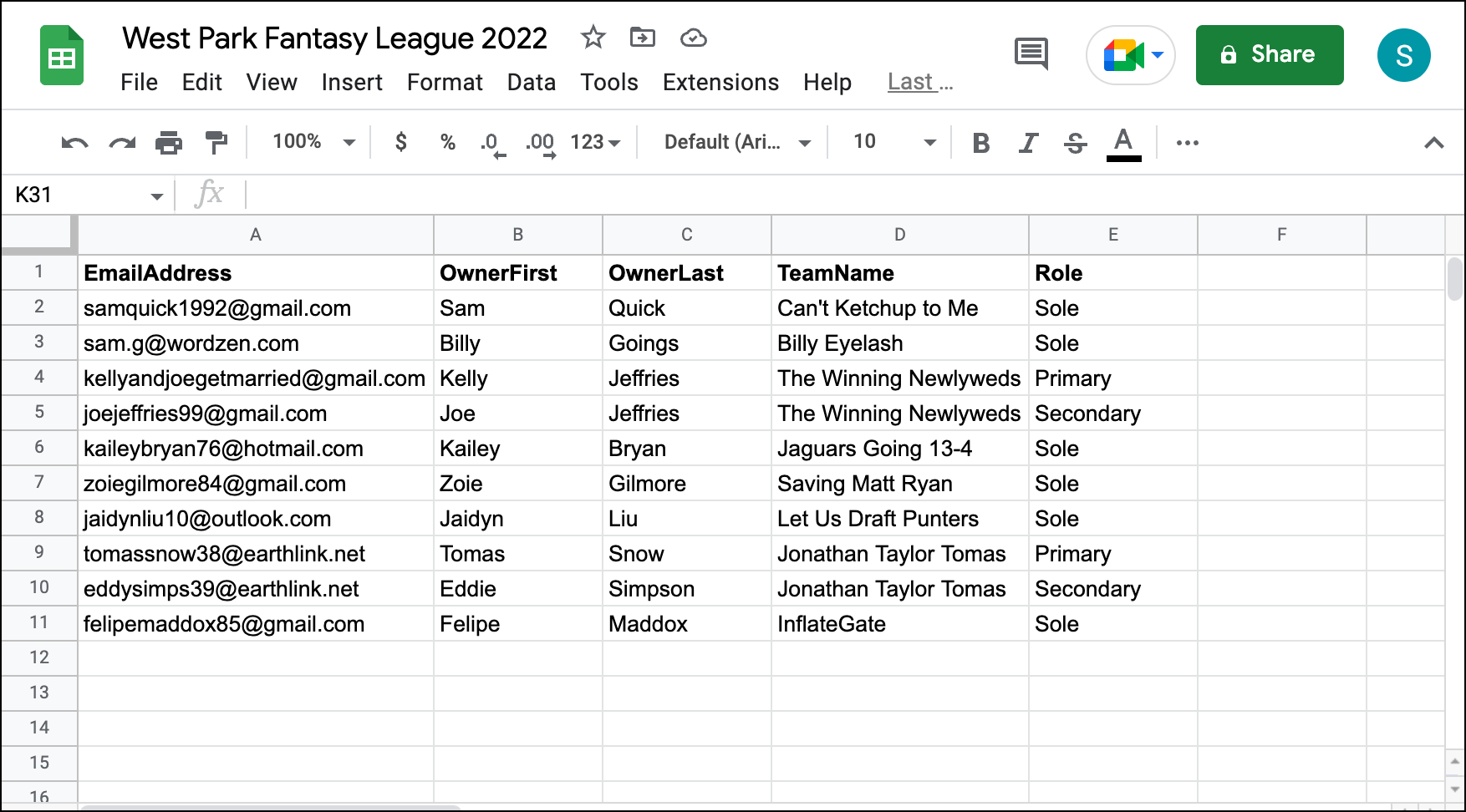 Everyone in your league in a Google Sheet