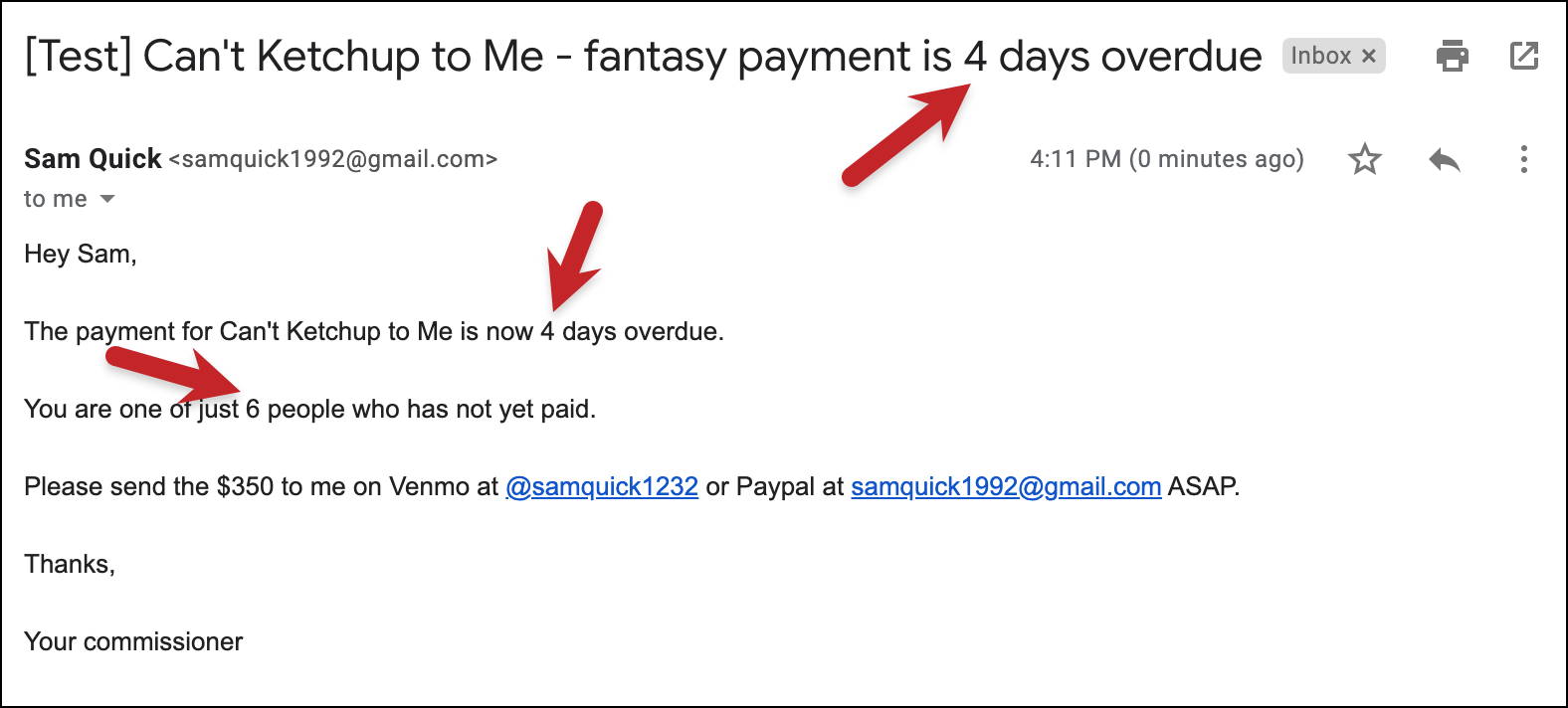 The test email for late payments