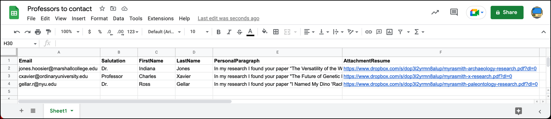 A Google Sheet for cold emails to professors