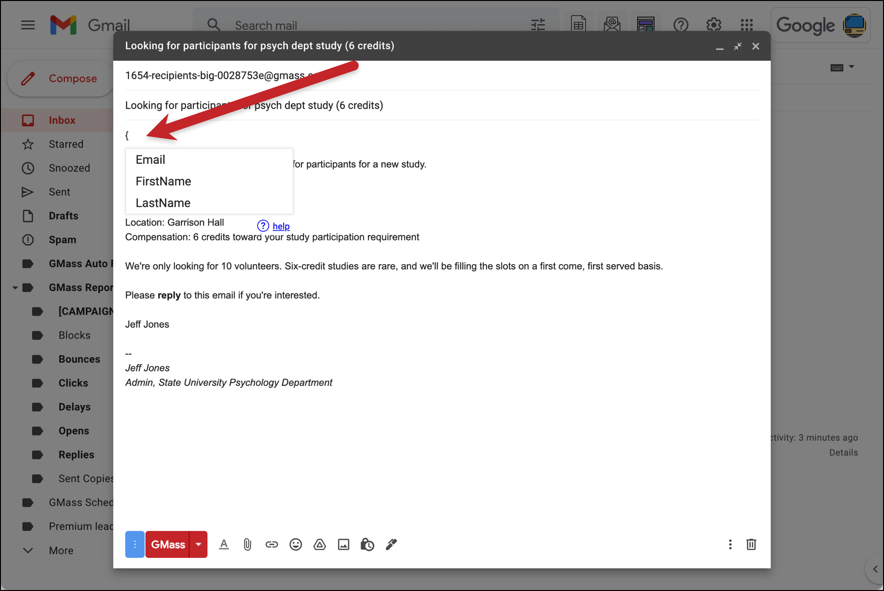 Left curly brace brings up mail merge fields