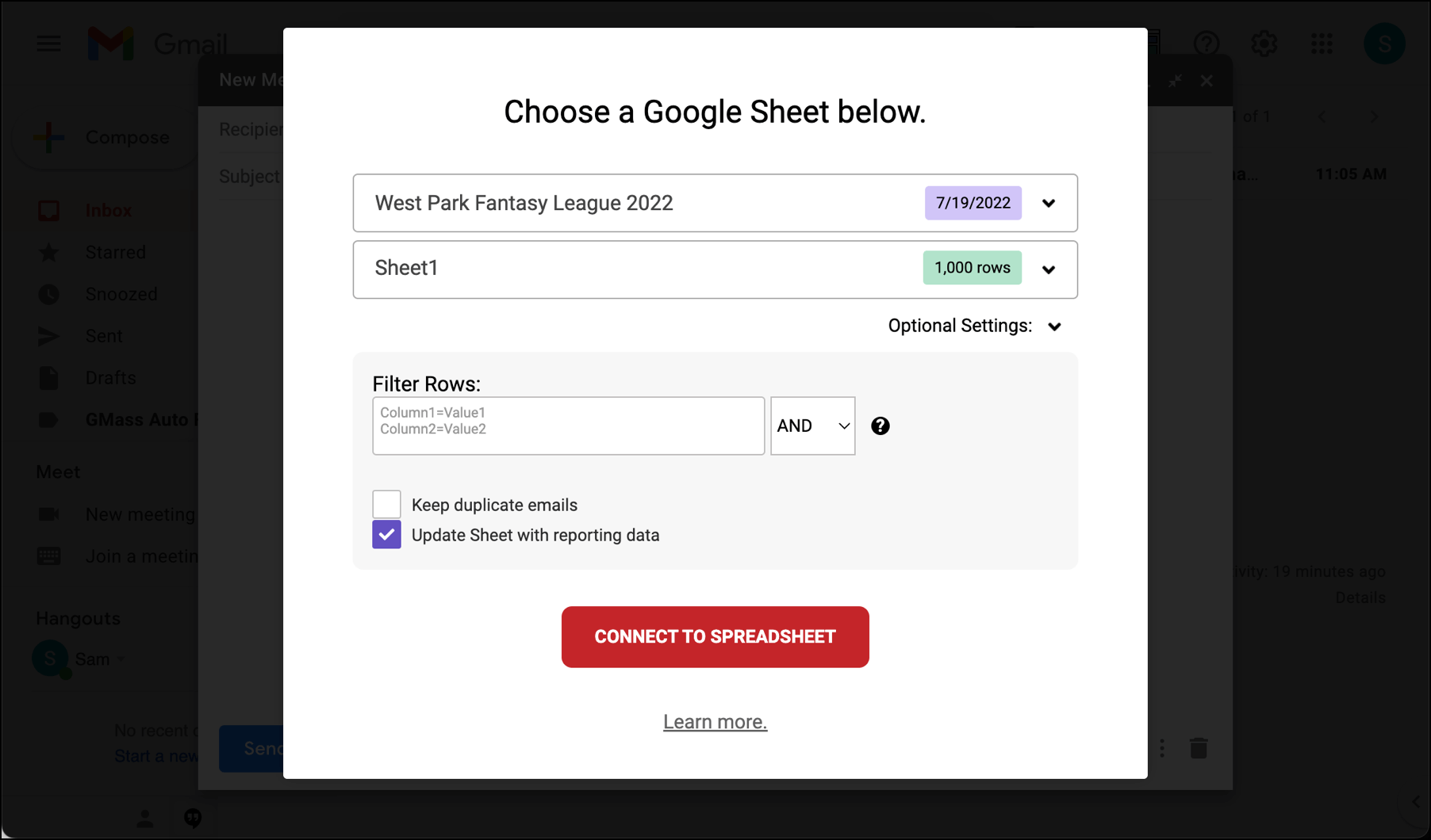 Google Sheet connection settings
