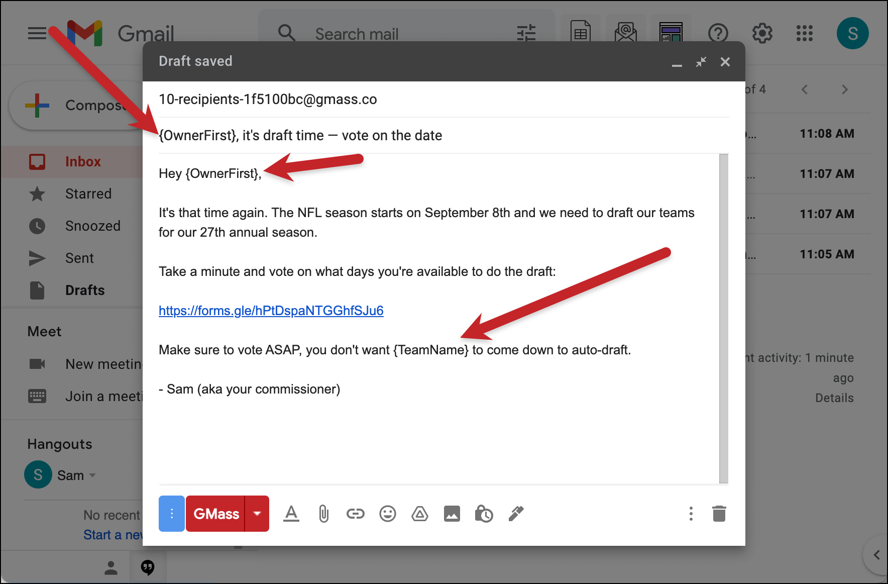 Using the merge fields in the email