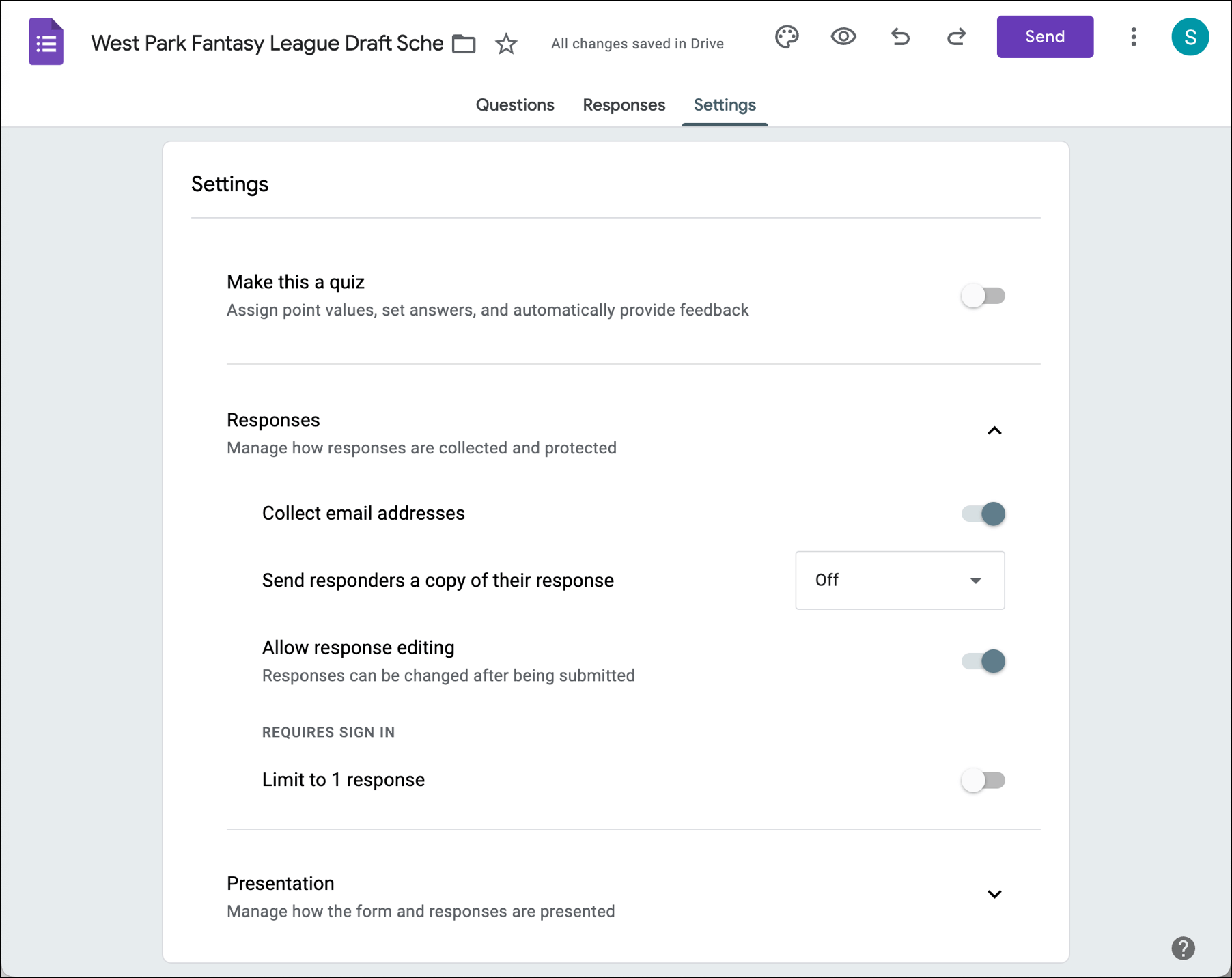 Collect emails in the Google Forms settings