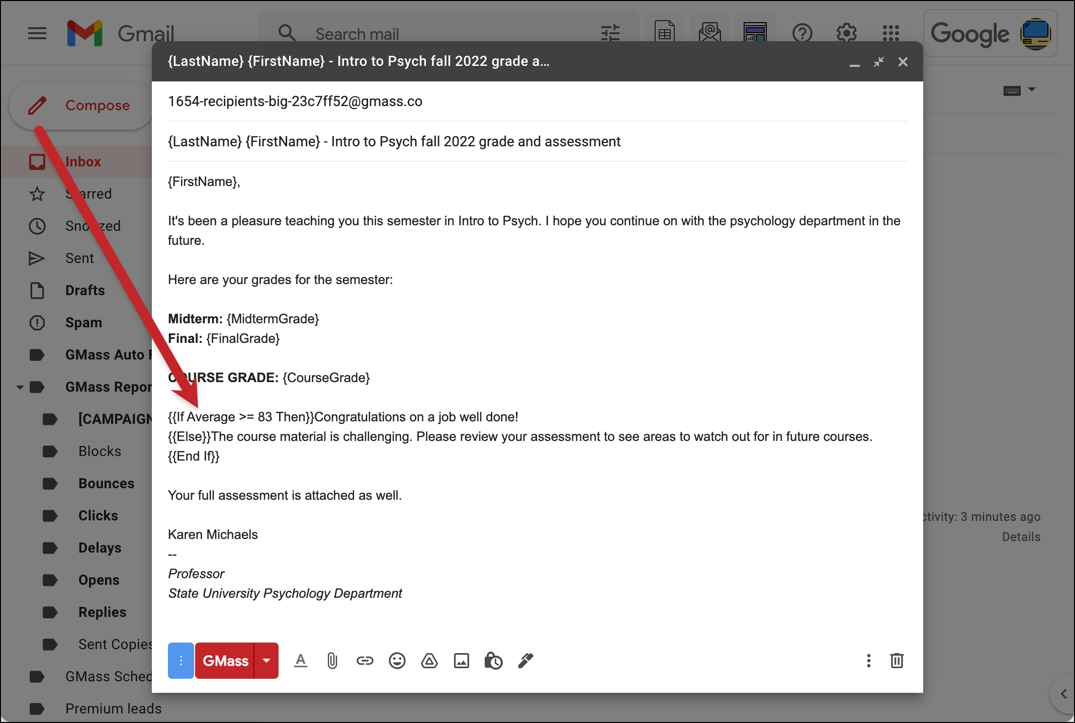 Conditional content in college department email