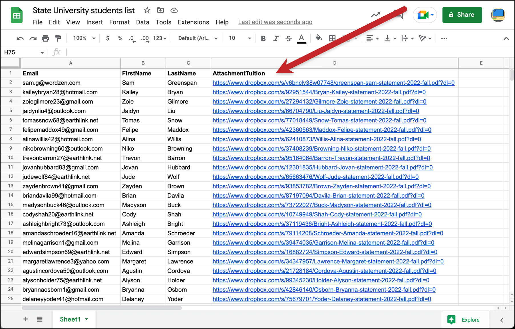 Add PDF links to college admissions email spreadsheet