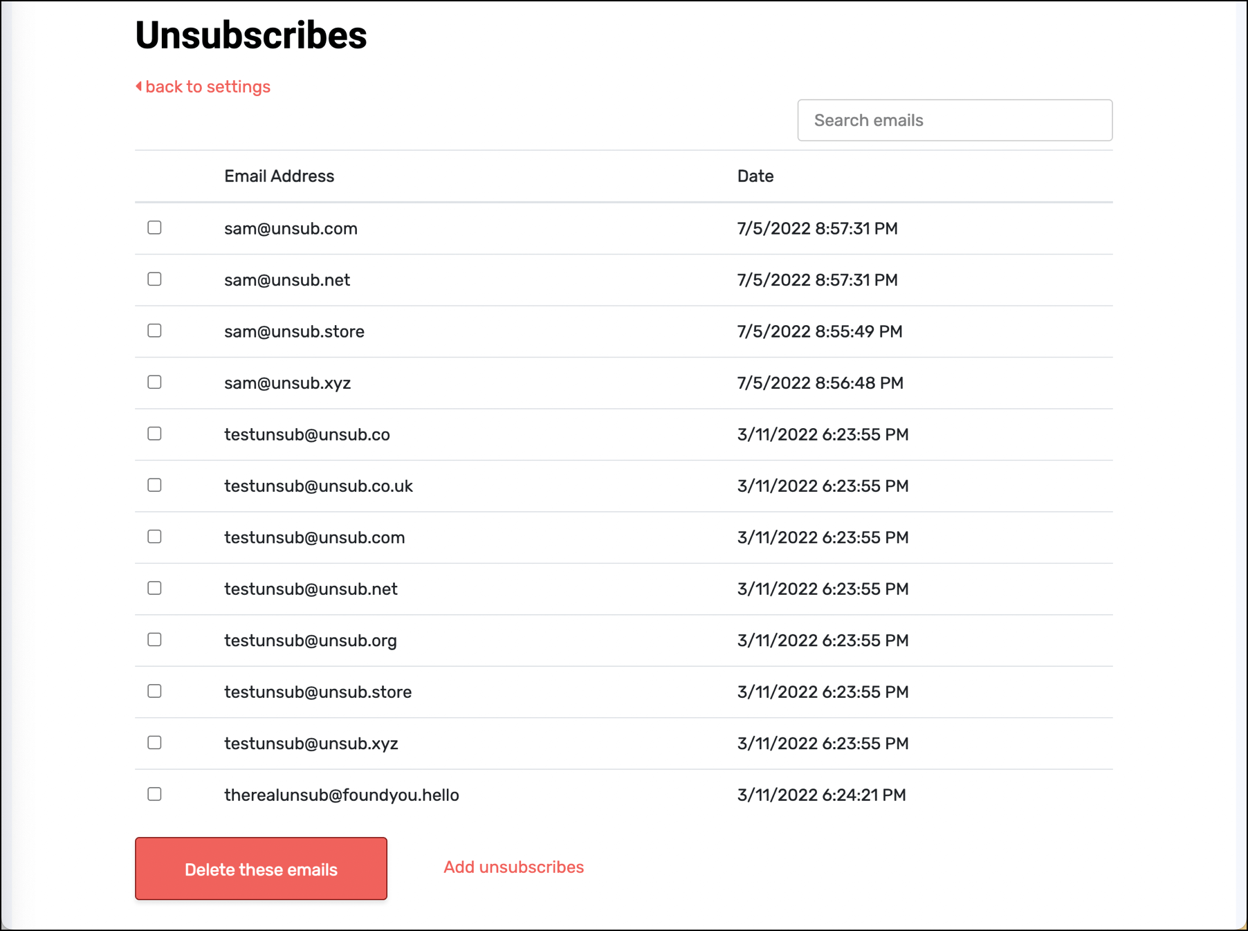 Manage unsubscribed addresses
