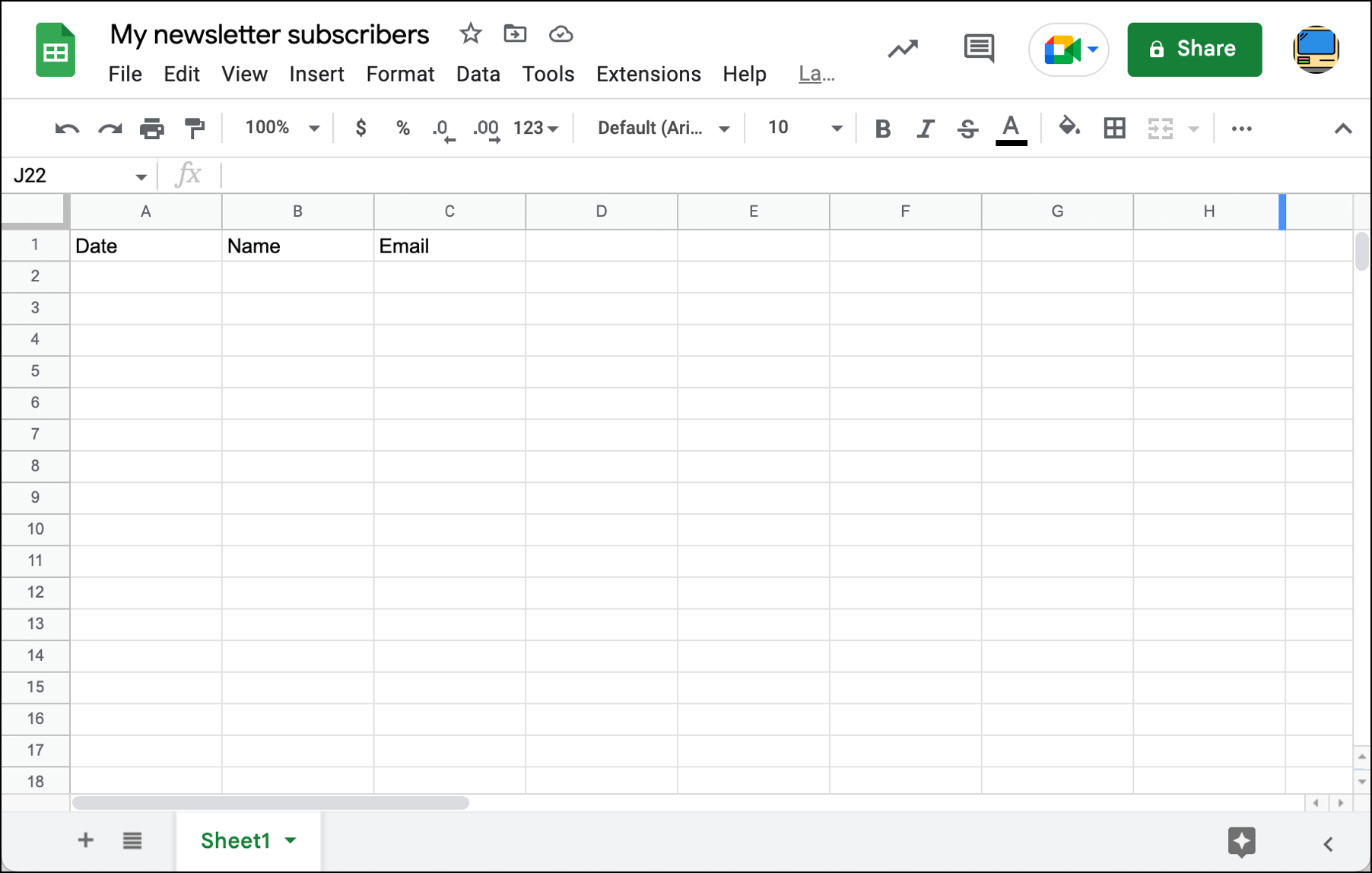 Create a new spreadsheet for your form
