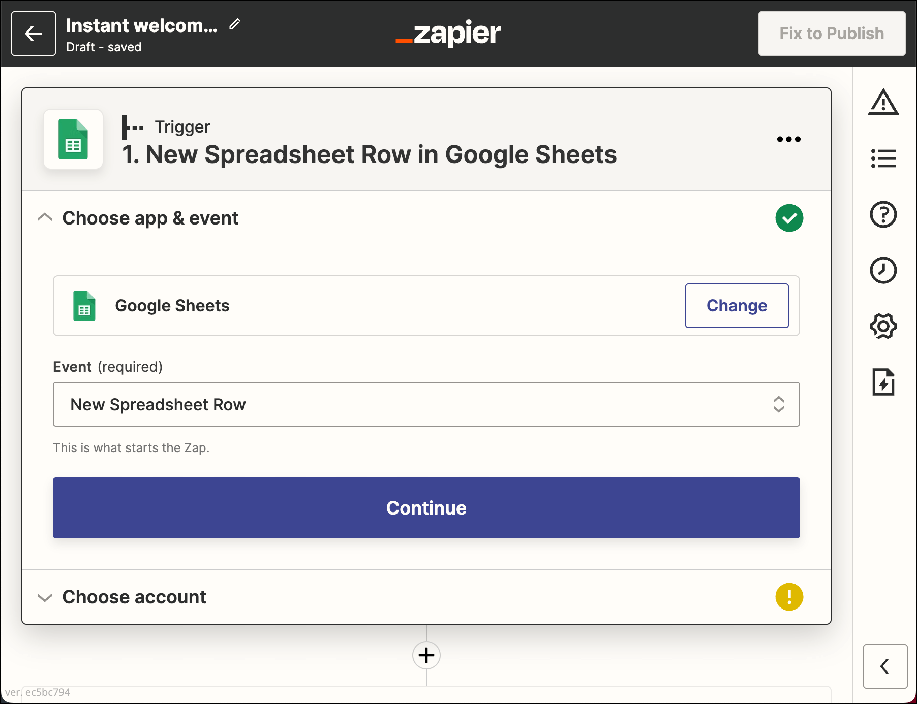 Create a zap trigger of a new spreadsheet row