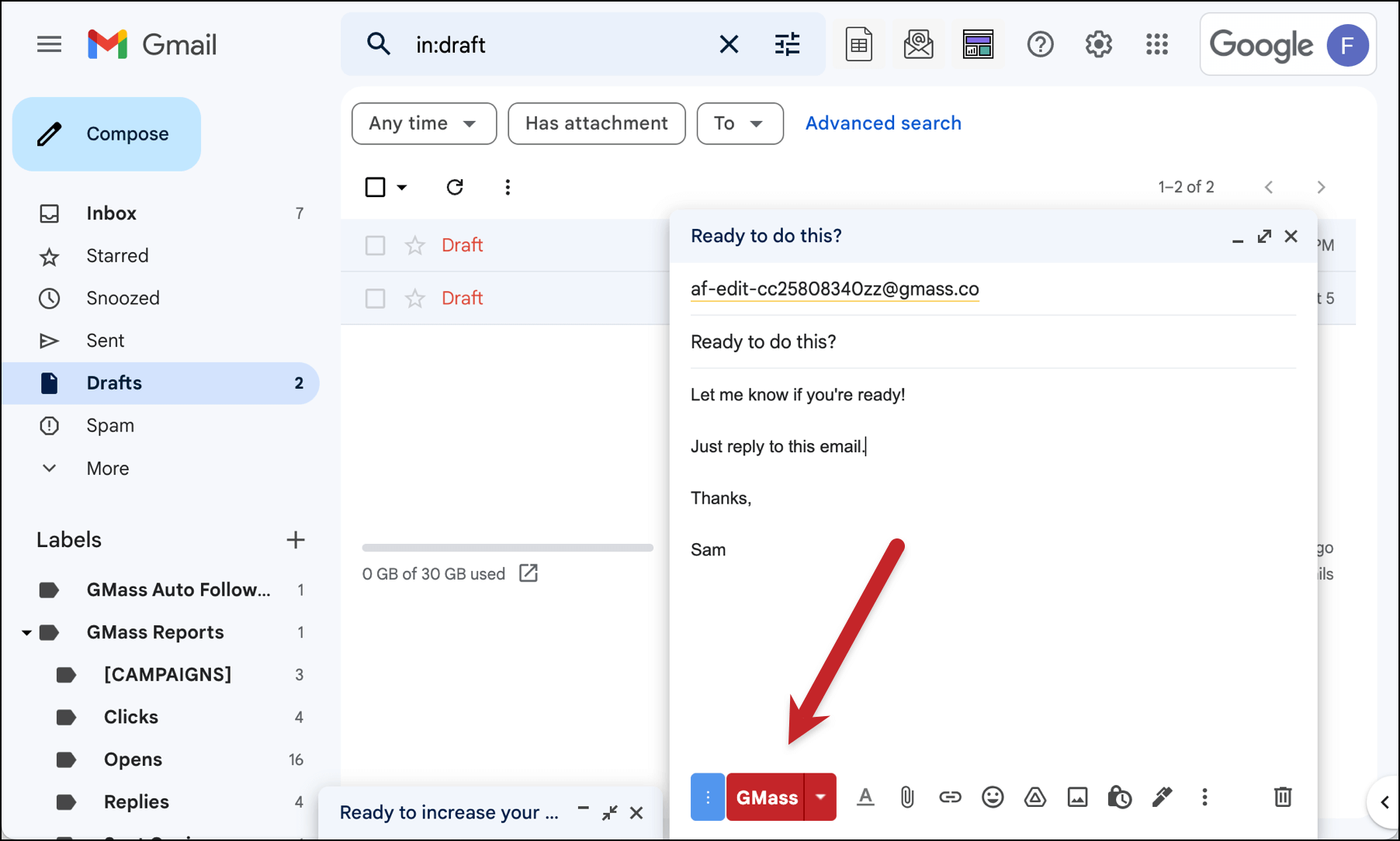Edit the rich text follow-up then save with the GMass button