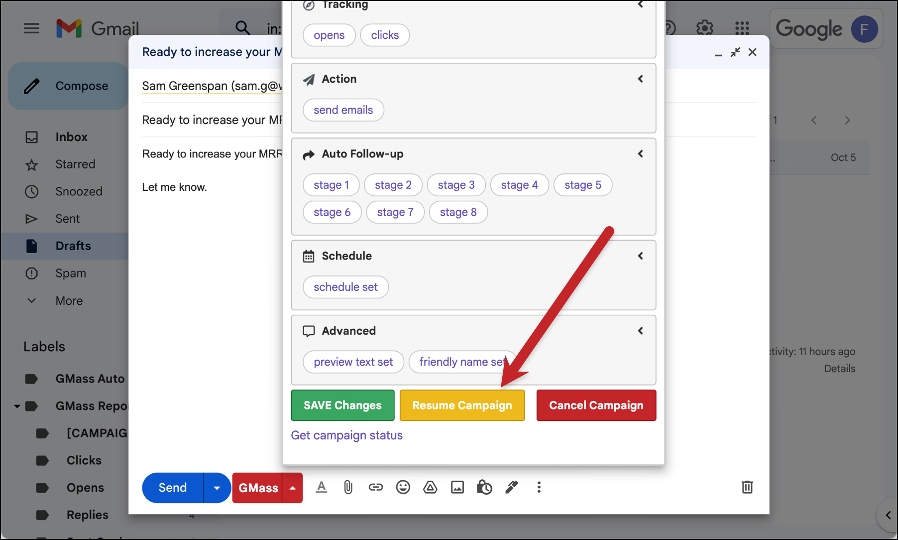 Resume a campaign in the settings box