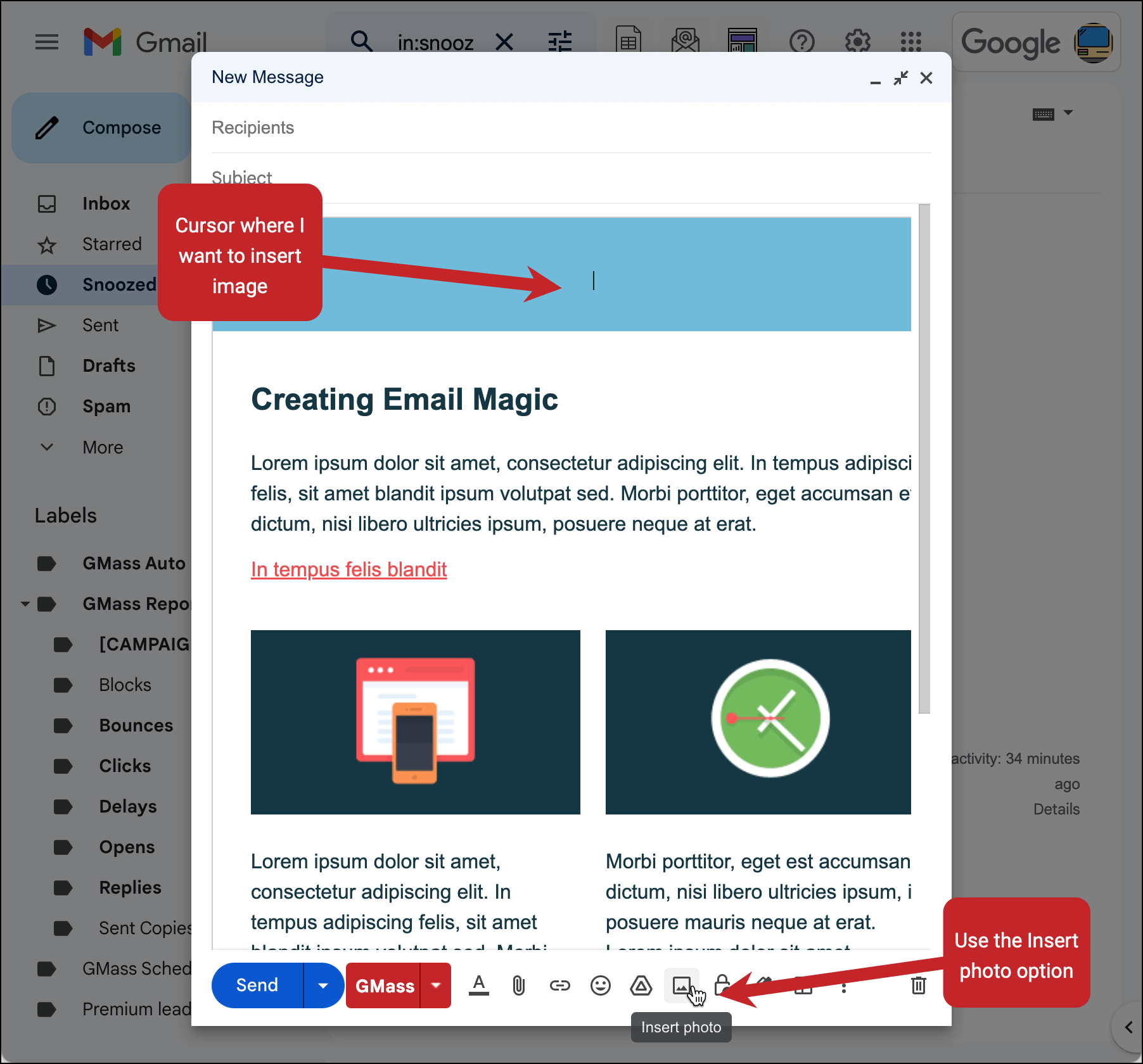 Insert a new image into a Gmail message