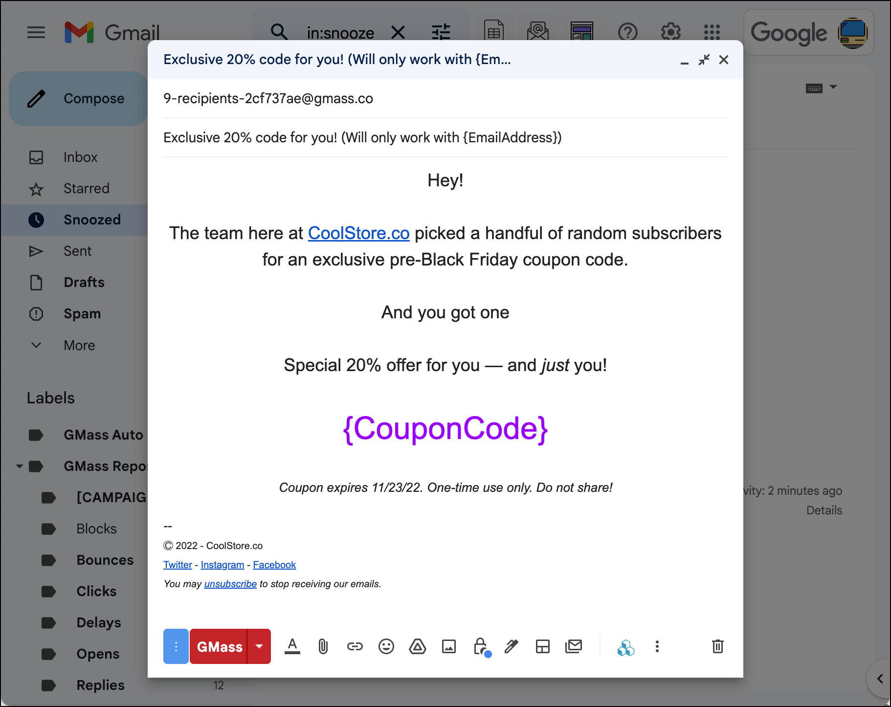 Using mail merge to bring in random coupon codes